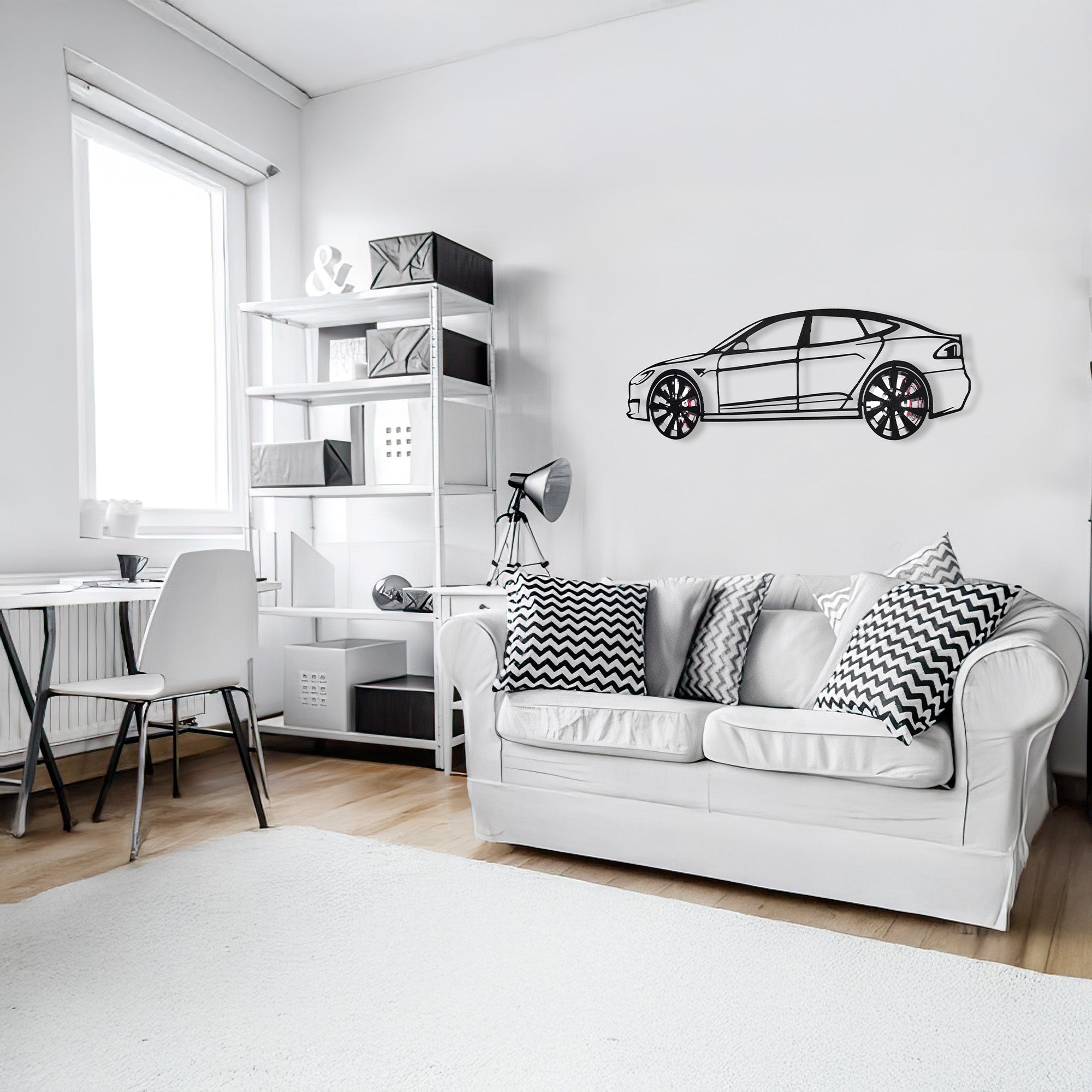 Tesla Model S Wall Art – Electric Car Steel Silhouette with Spinning Wheels-KAFMEKA045