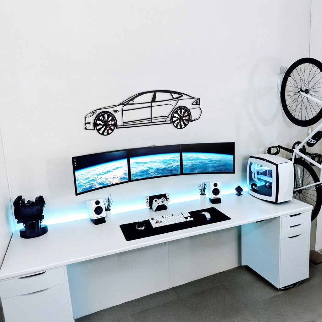 Tesla Model S Wall Art – Electric Car Steel Silhouette with Spinning Wheels-KAFMEKA045