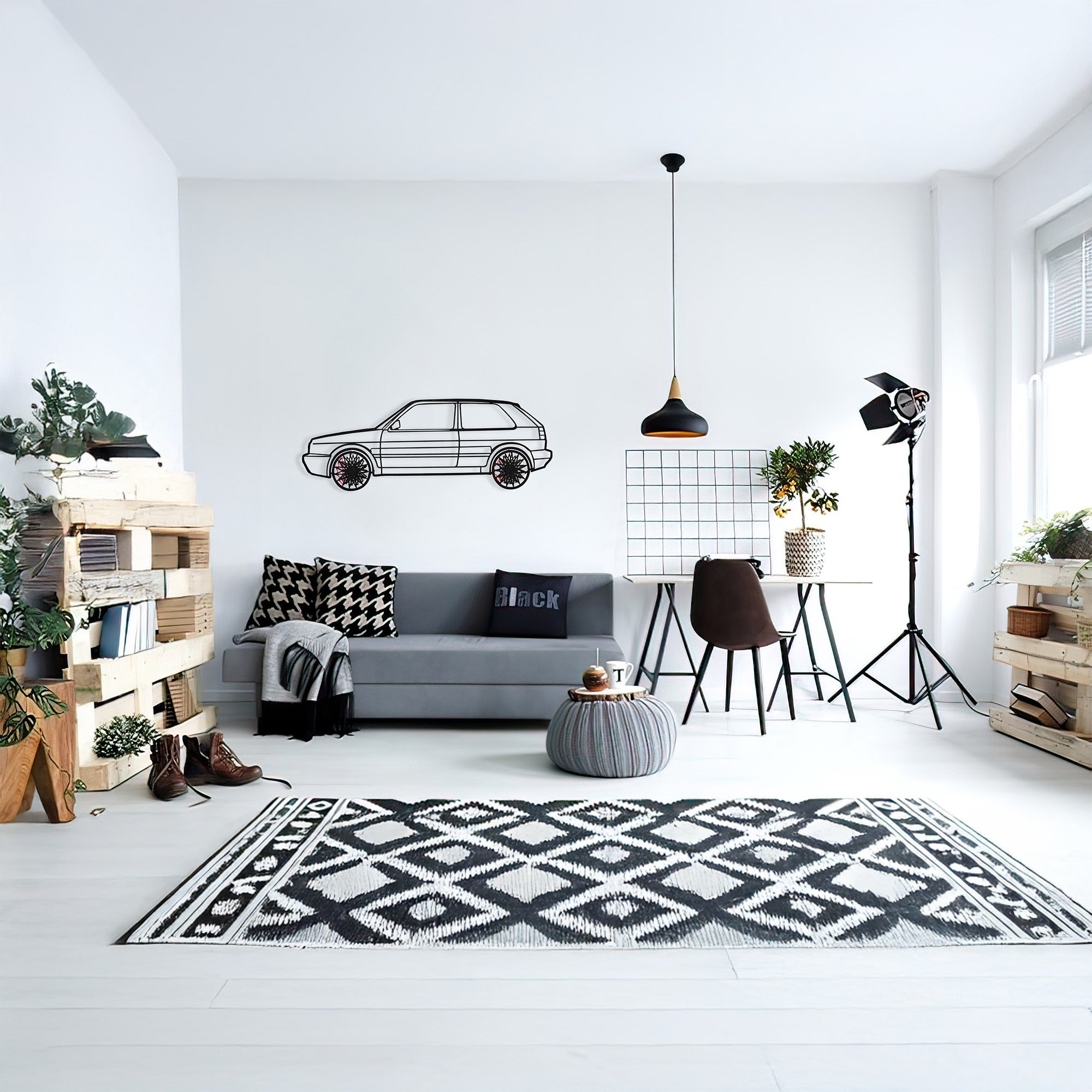 Volkswagen Golf Mk1 Wall Art – Classic Hot Hatch Steel Silhouette with Spinning Wheels-KAFMEKA046