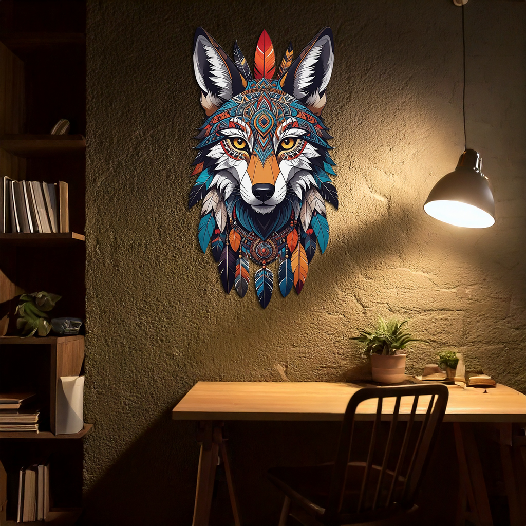 Colorful Tribal Wolf Metal Wall Art – Spirit Animal UV Decor-KAFUVM002