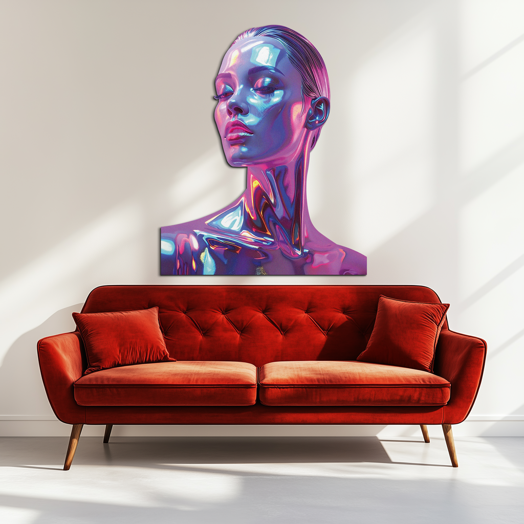 Holographic Woman Portrait Metal Wall Art – Futuristic UV Decor-KAFUVM009
