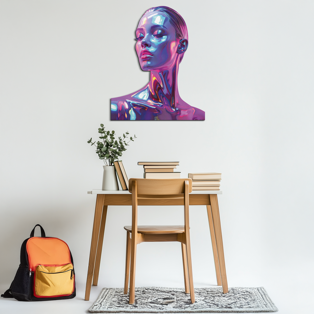 Holographic Woman Portrait Metal Wall Art – Futuristic UV Decor-KAFUVM009