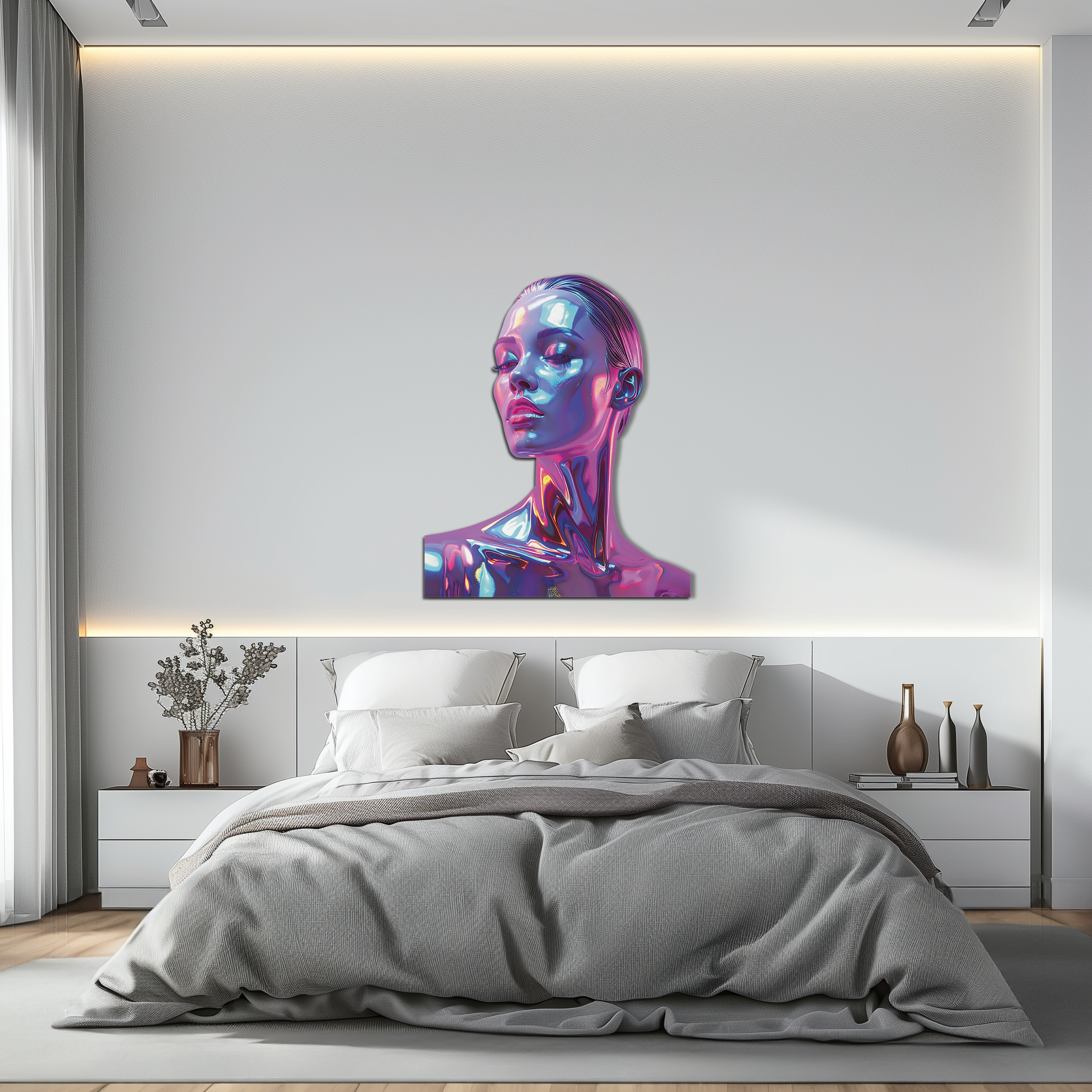 Holographic Woman Portrait Metal Wall Art – Futuristic UV Decor-KAFUVM009