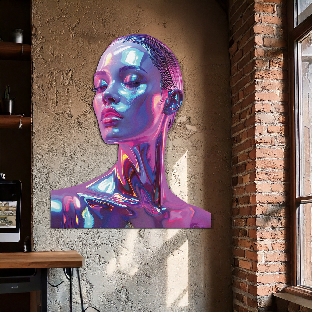Holographic Woman Portrait Metal Wall Art – Futuristic UV Decor-KAFUVM009