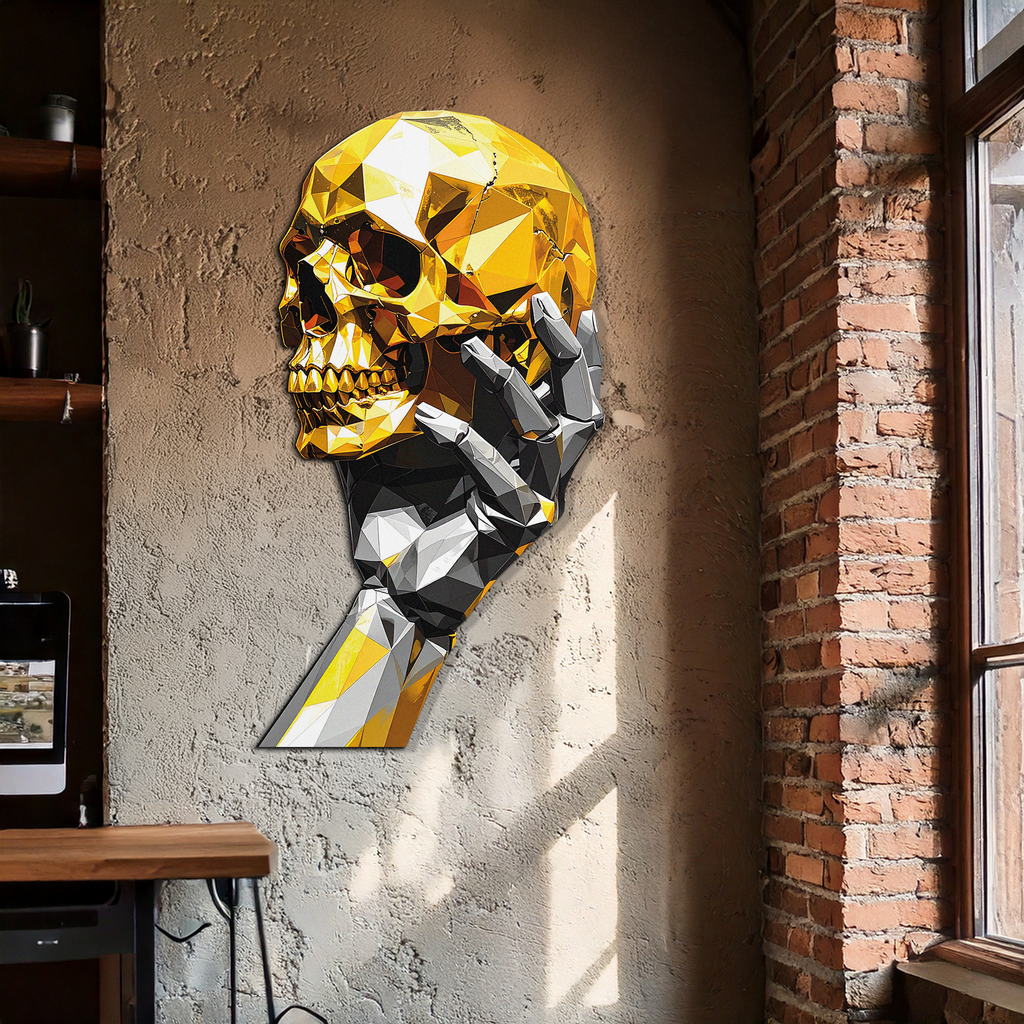 Gold Skull & Robot Hand Metal Wall Art – Futuristic UV Decor-KAFUVM013