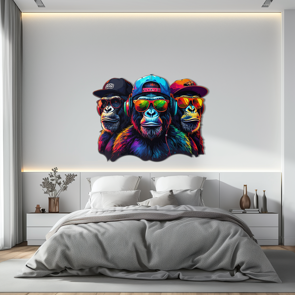 Cool Gorilla Trio Metal Wall Art – Neon Urban UV Printed Decor-KAFUVM014