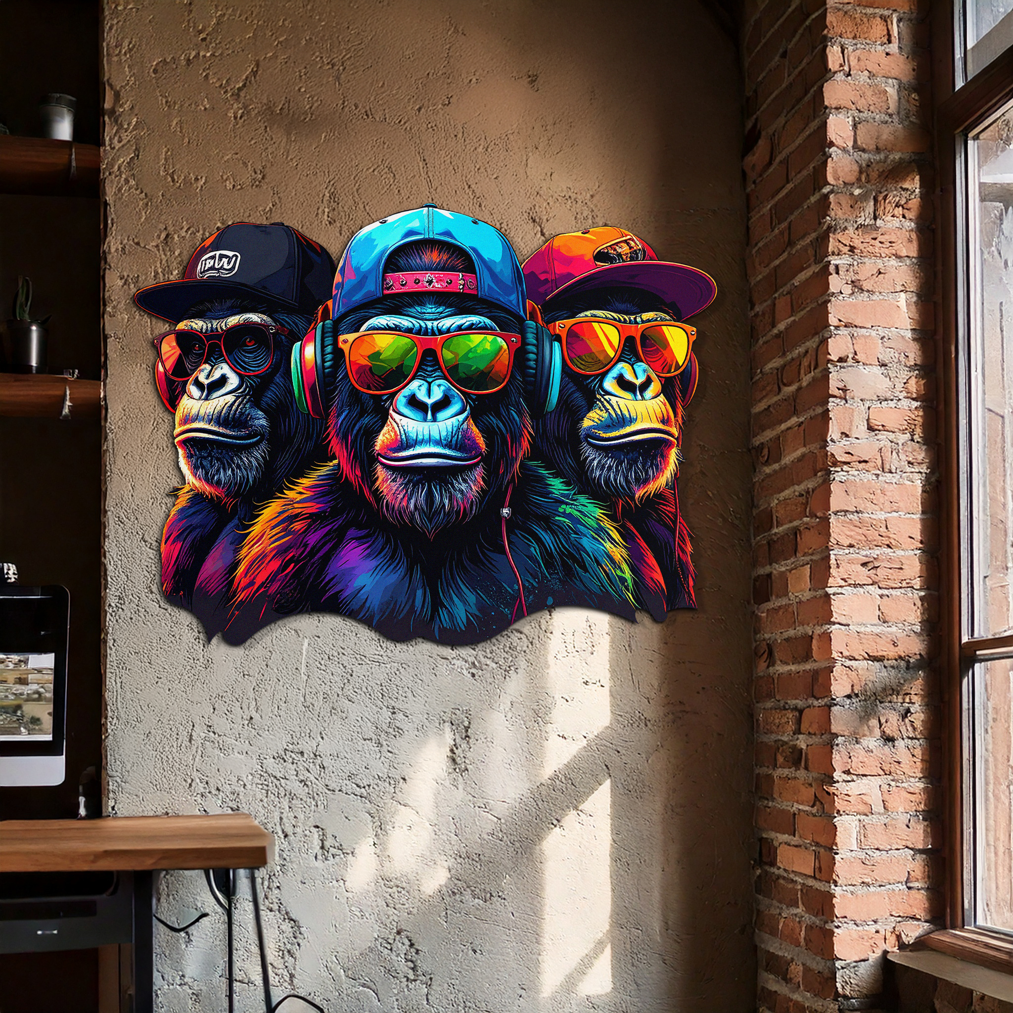 Cool Gorilla Trio Metal Wall Art – Neon Urban UV Printed Decor-KAFUVM014