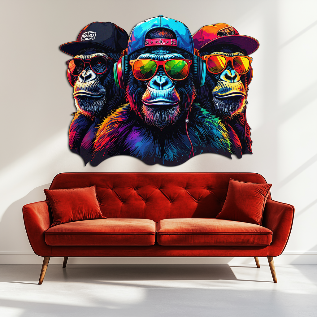 Cool Gorilla Trio Metal Wall Art – Neon Urban UV Printed Decor-KAFUVM014