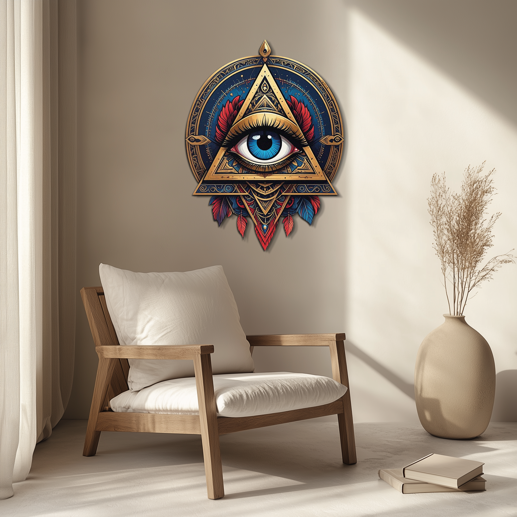 Mystic Eye Metal Wall Decor – Bohemian Triangle Art with Feathers-KAFUVM024