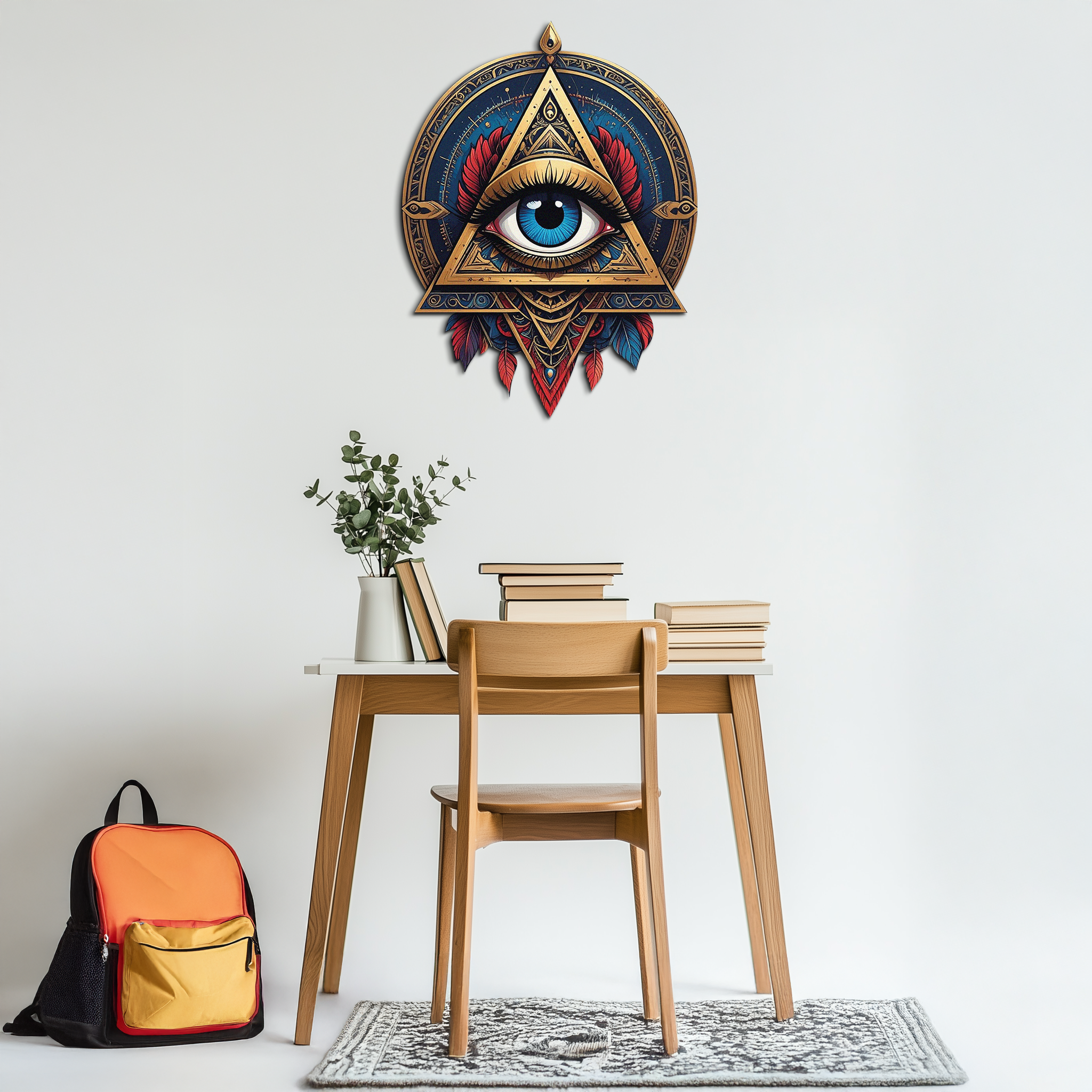 Mystic Eye Metal Wall Decor – Bohemian Triangle Art with Feathers-KAFUVM024