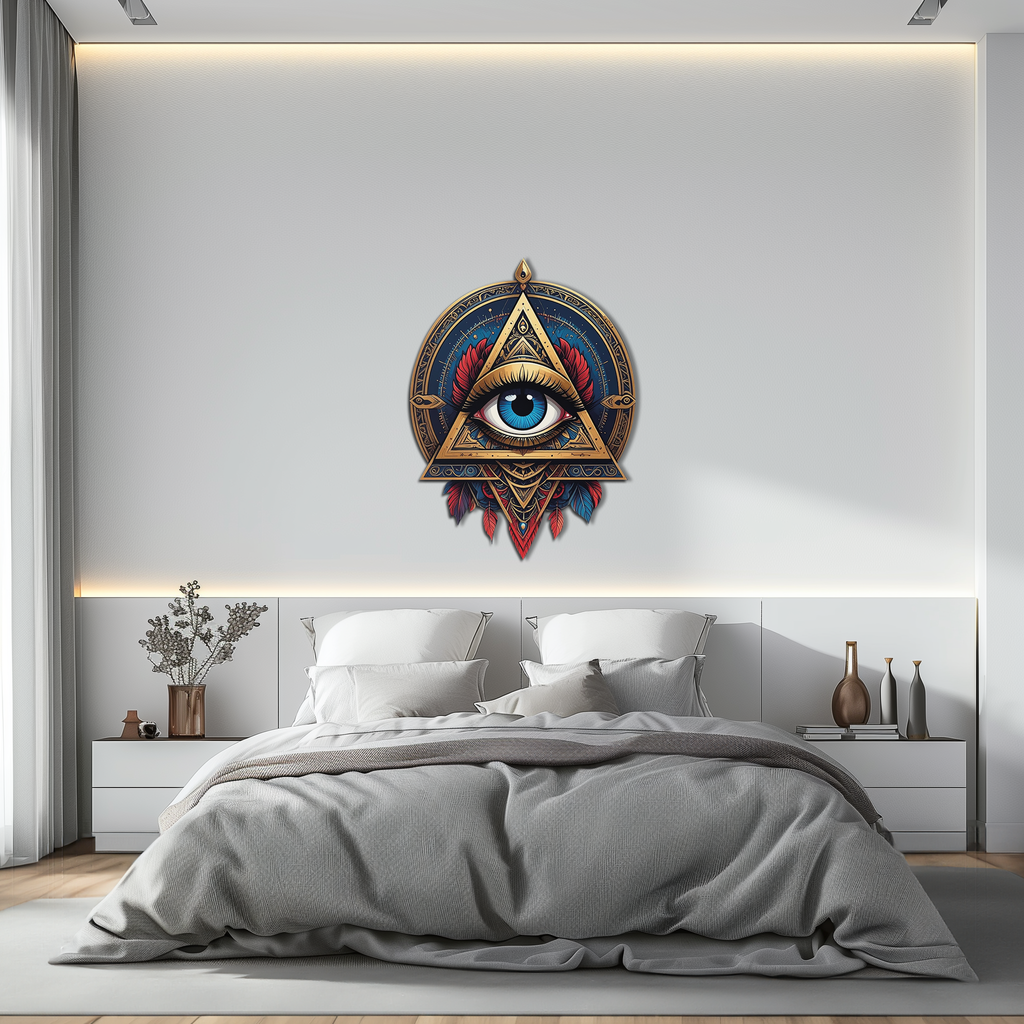 Mystic Eye Metal Wall Decor – Bohemian Triangle Art with Feathers-KAFUVM024