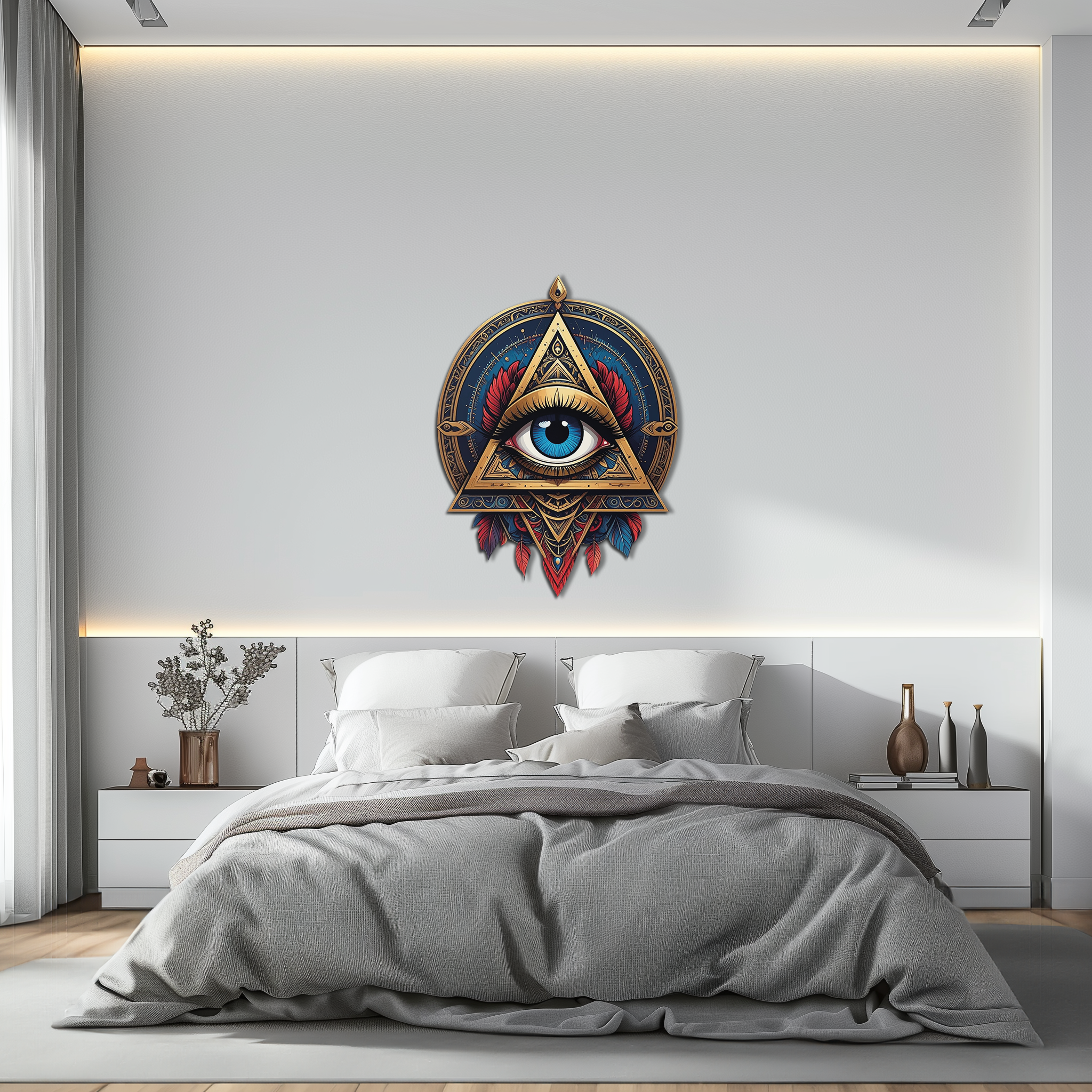 Mystic Eye Metal Wall Decor – Bohemian Triangle Art with Feathers-KAFUVM024