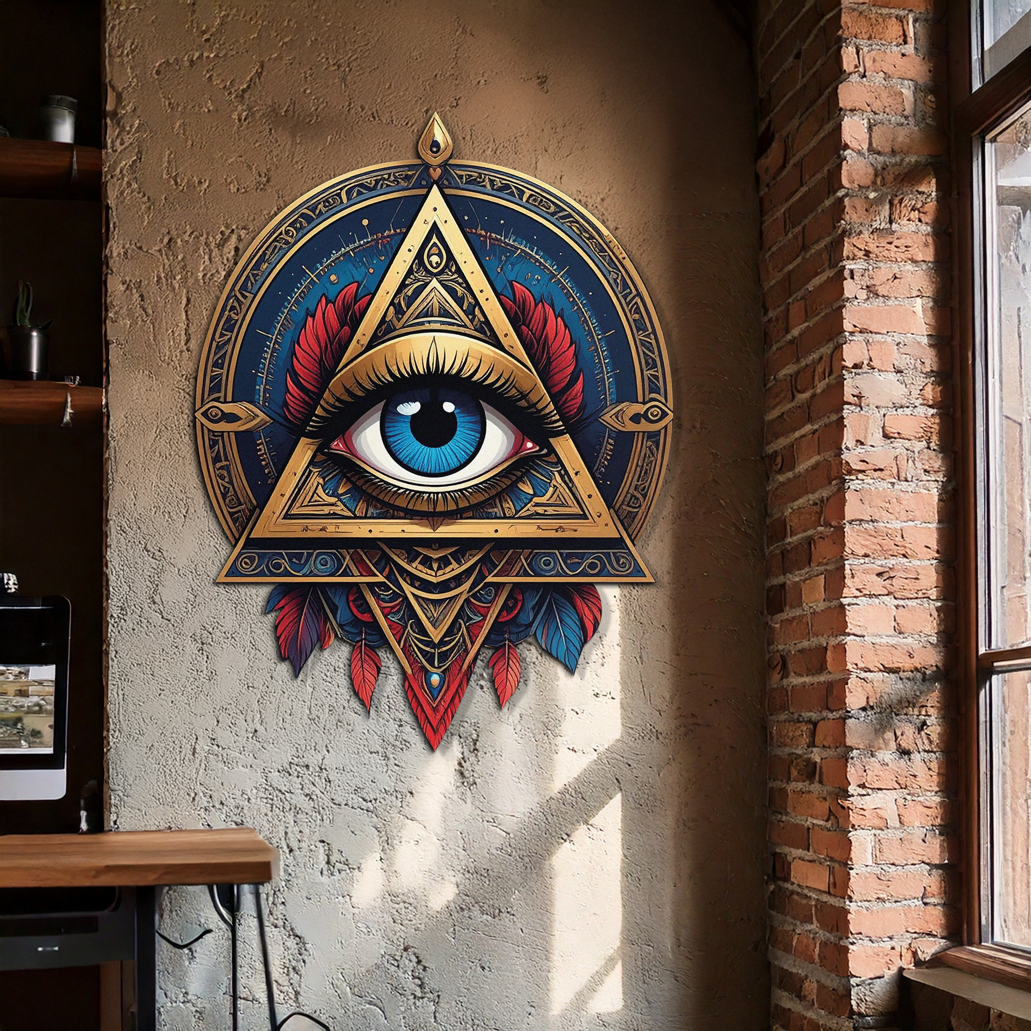 Mystic Eye Metal Wall Decor – Bohemian Triangle Art with Feathers-KAFUVM024
