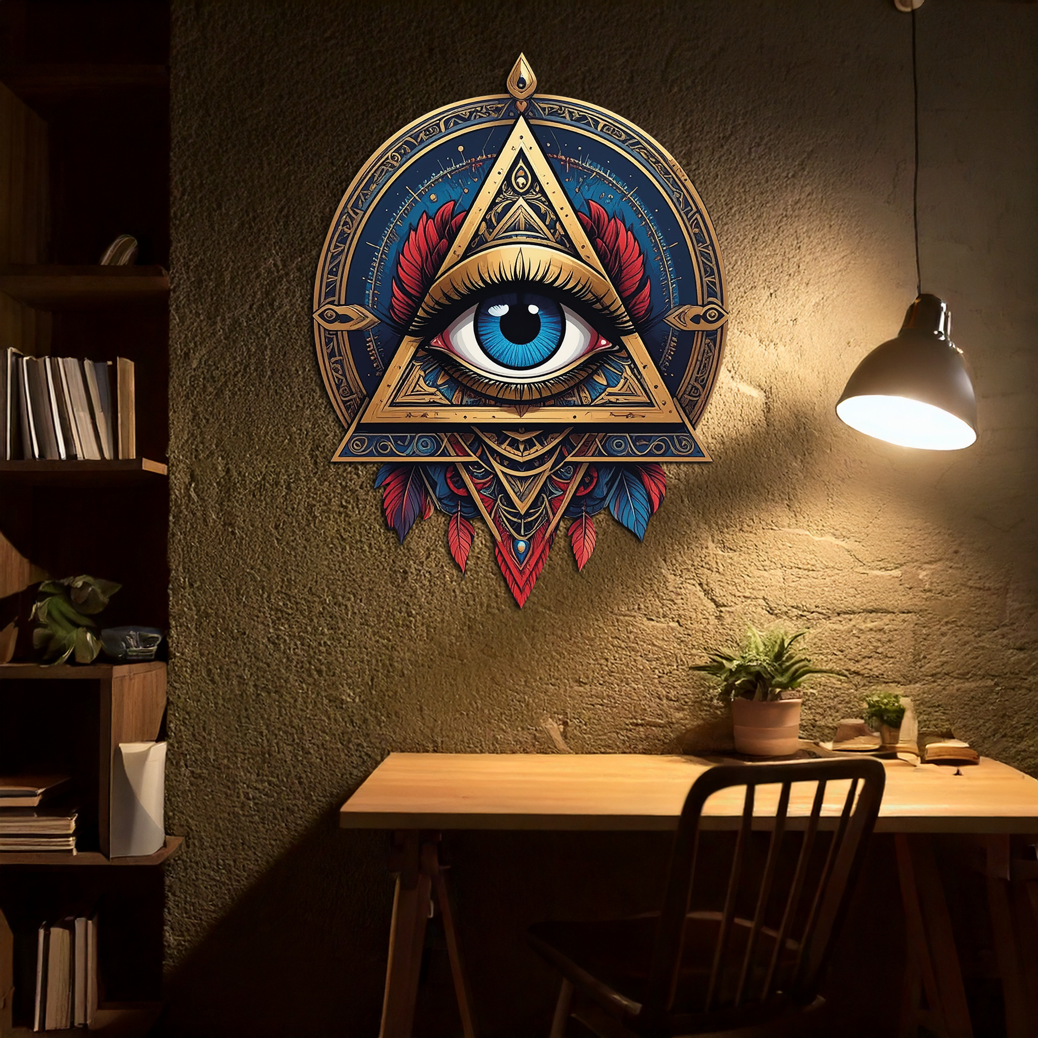 Mystic Eye Metal Wall Decor – Bohemian Triangle Art with Feathers-KAFUVM024