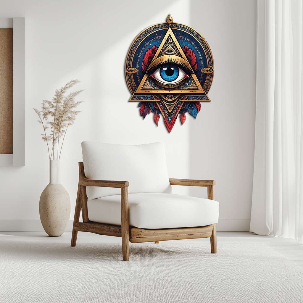 Mystic Eye Metal Wall Decor – Bohemian Triangle Art with Feathers-KAFUVM024