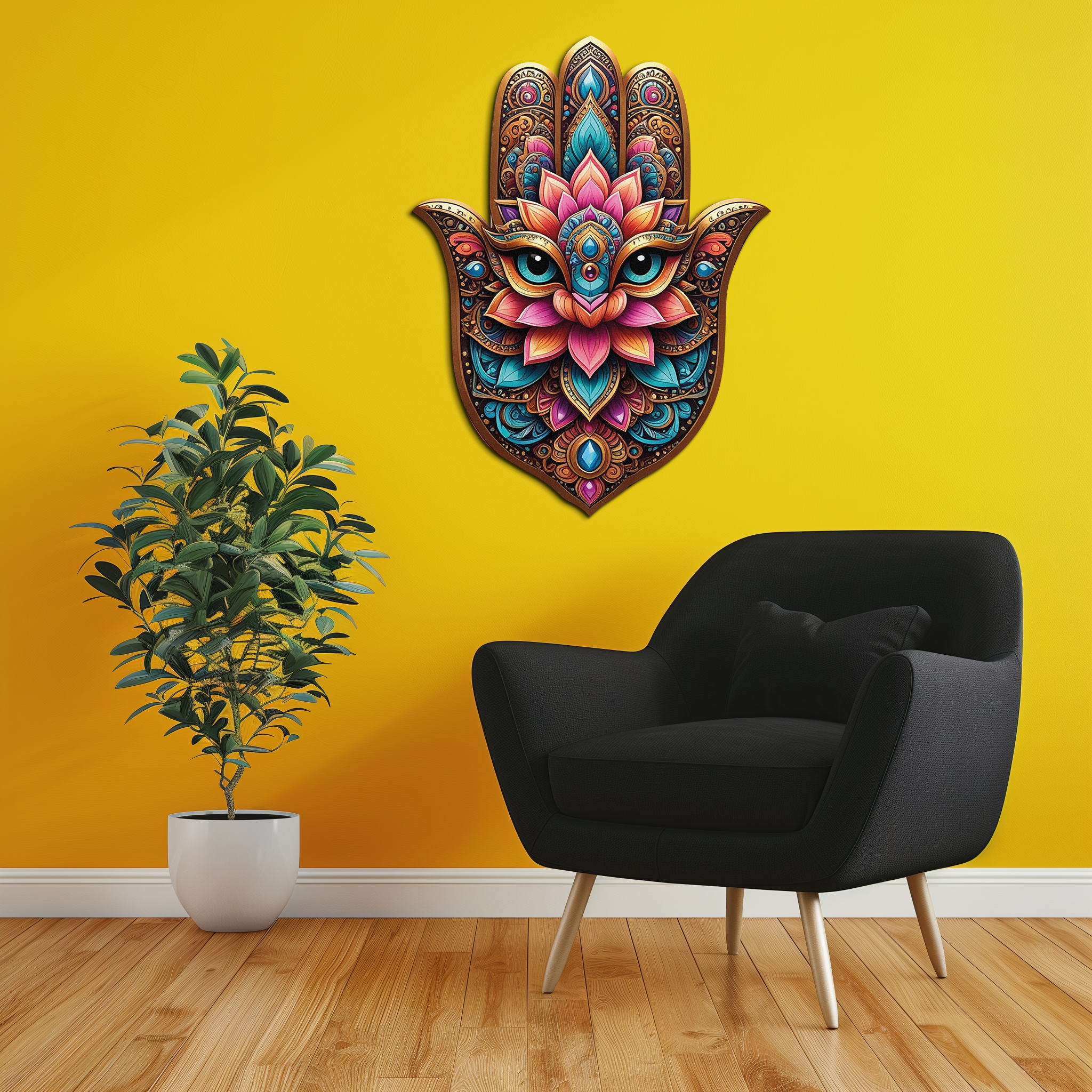 Mystic Hamsa Hand Metal Wall Art – Boho Evil Eye Decor-KAFUVM030