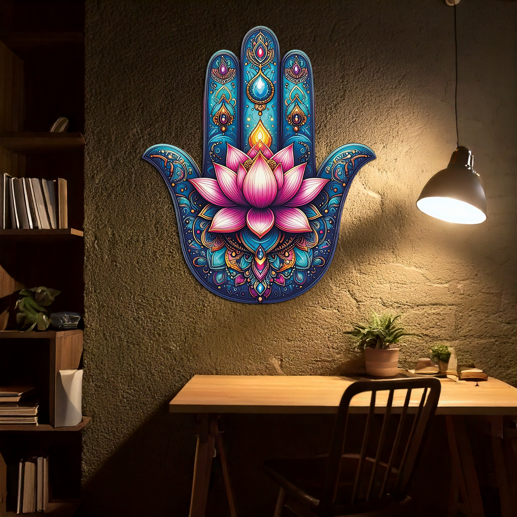 Lotus Hamsa Hand Metal Wall Art – Mystic Boho Decor-KAFUVM035