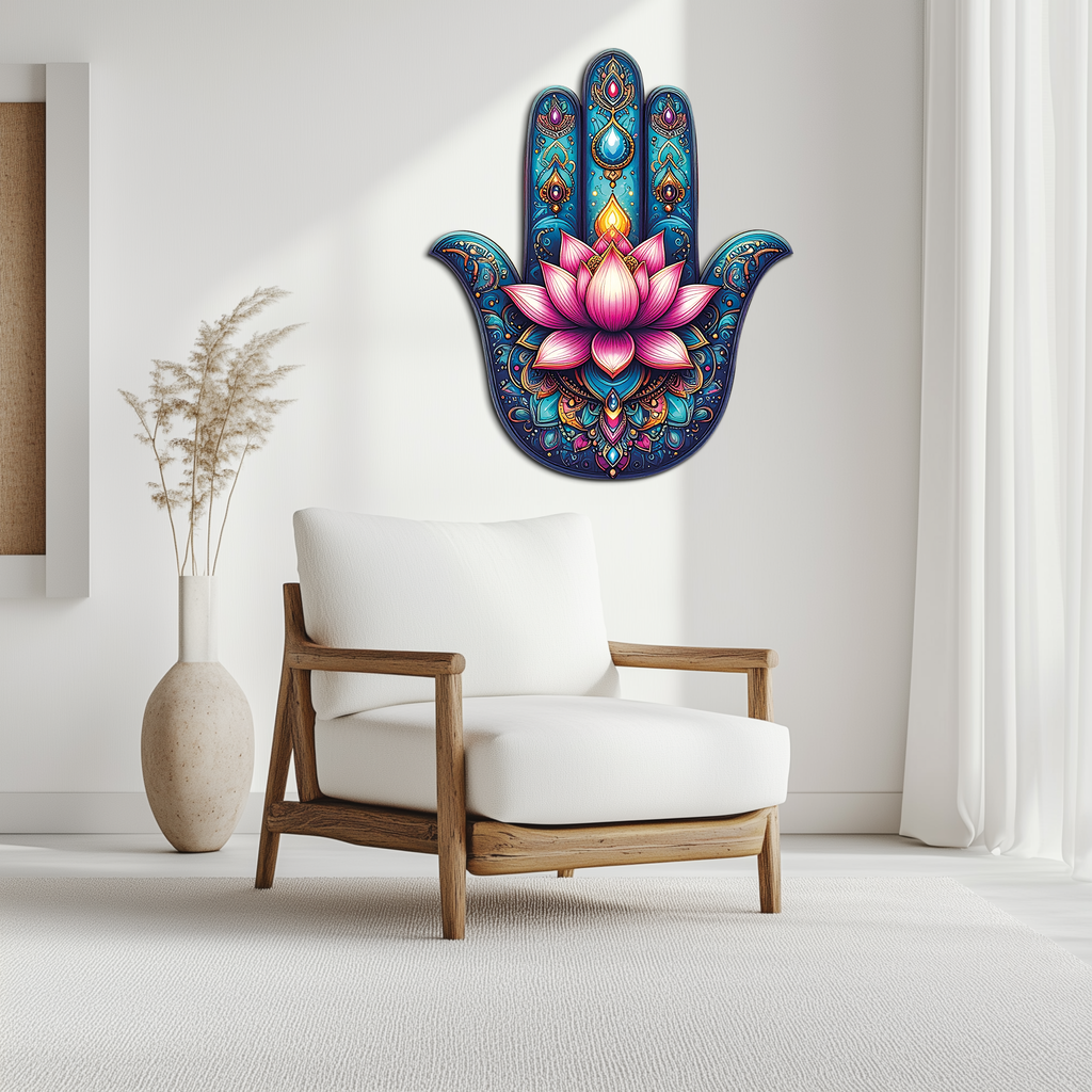 Lotus Hamsa Hand Metal Wall Art – Mystic Boho Decor-KAFUVM035
