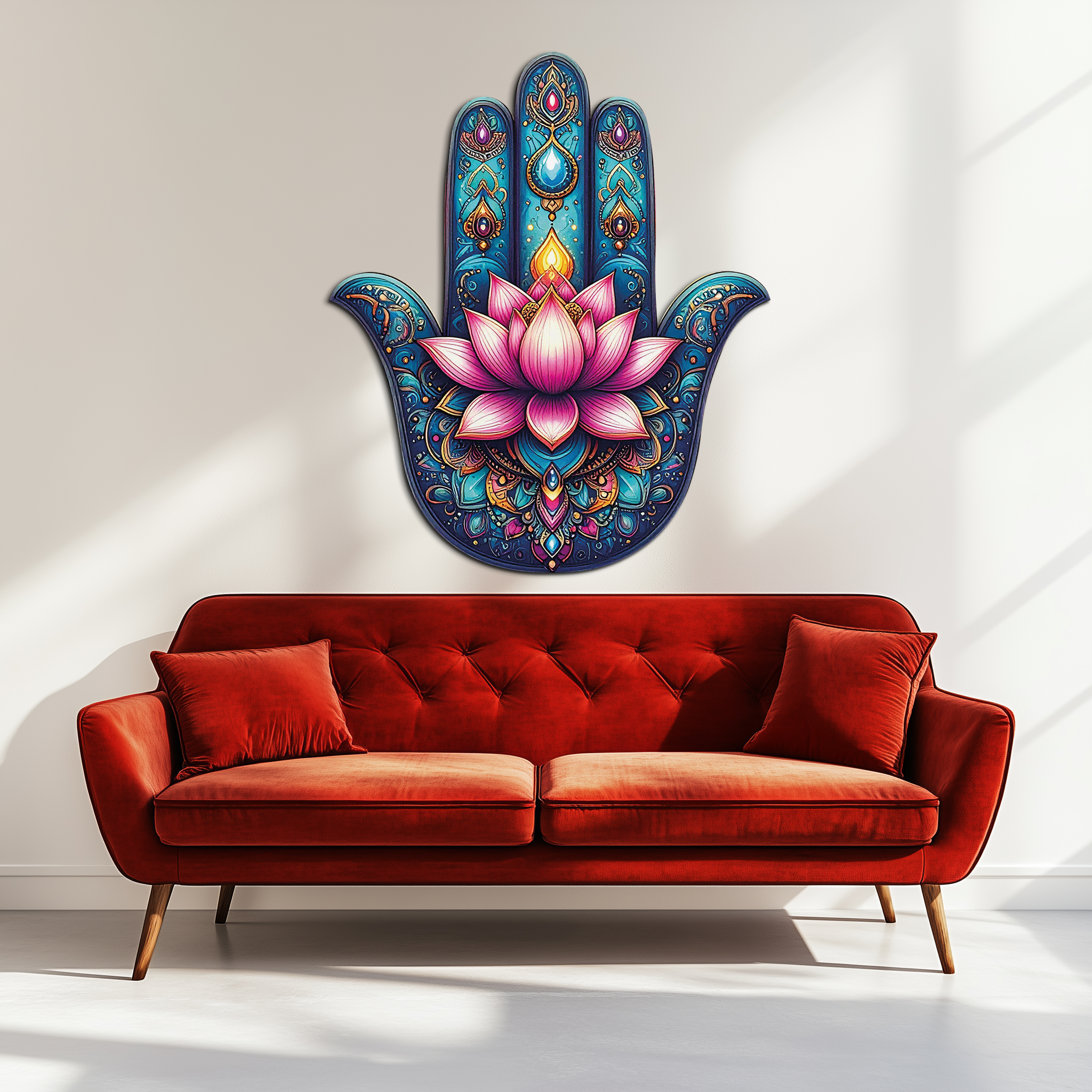 Lotus Hamsa Hand Metal Wall Art – Mystic Boho Decor-KAFUVM035