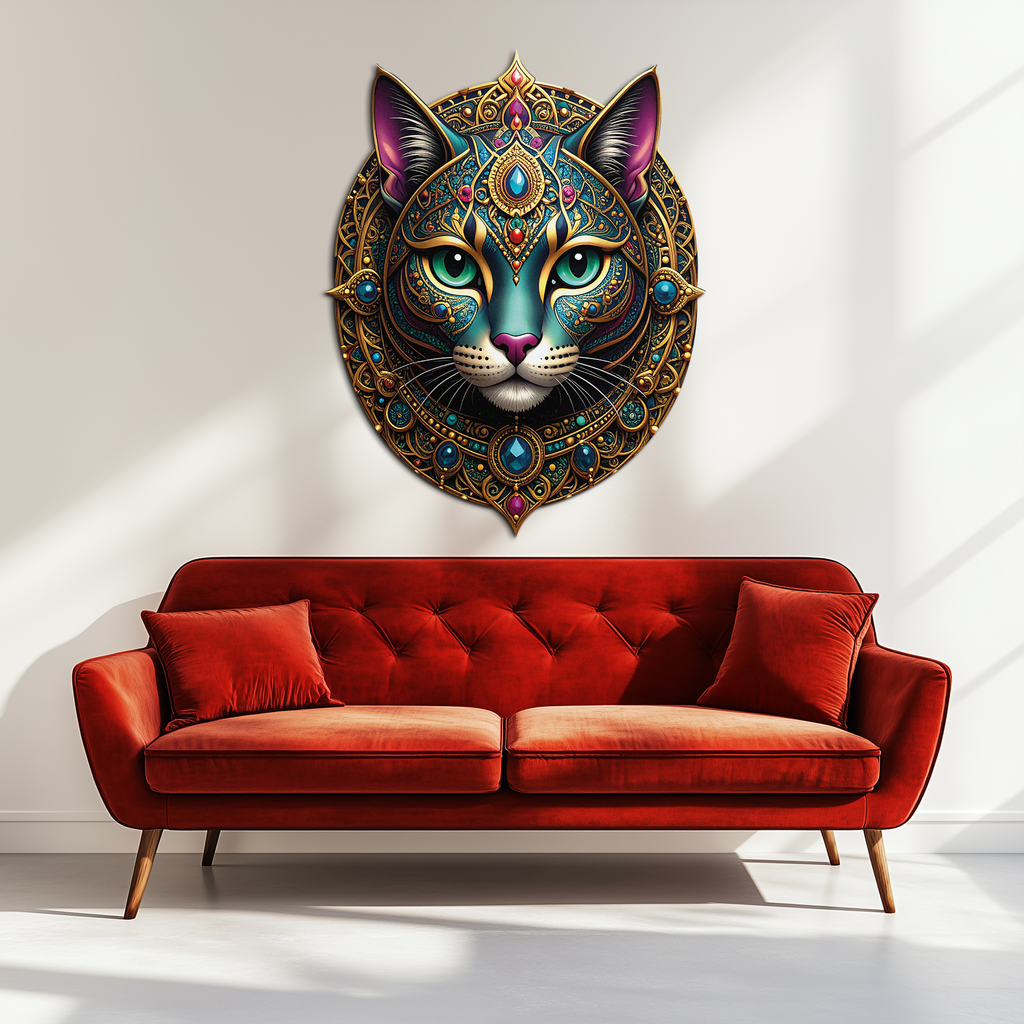 Mystic Mandala Cat Metal Wall Art – Boho Feline Decor-KAFUVM037