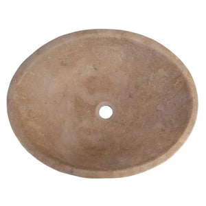 Karina Walnut Travertine oval bathroom vessel sink by Villohome, warm brown natural stone.