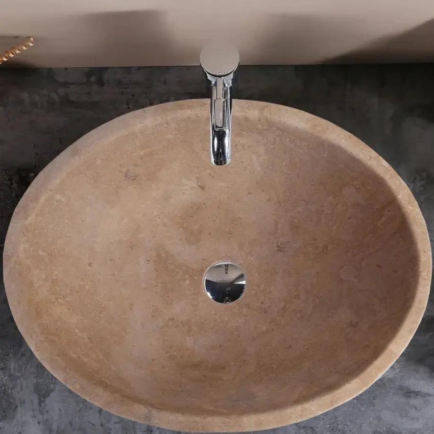 Karina Walnut Travertine oval stone bathroom vessel sink, above-counter with chrome drain