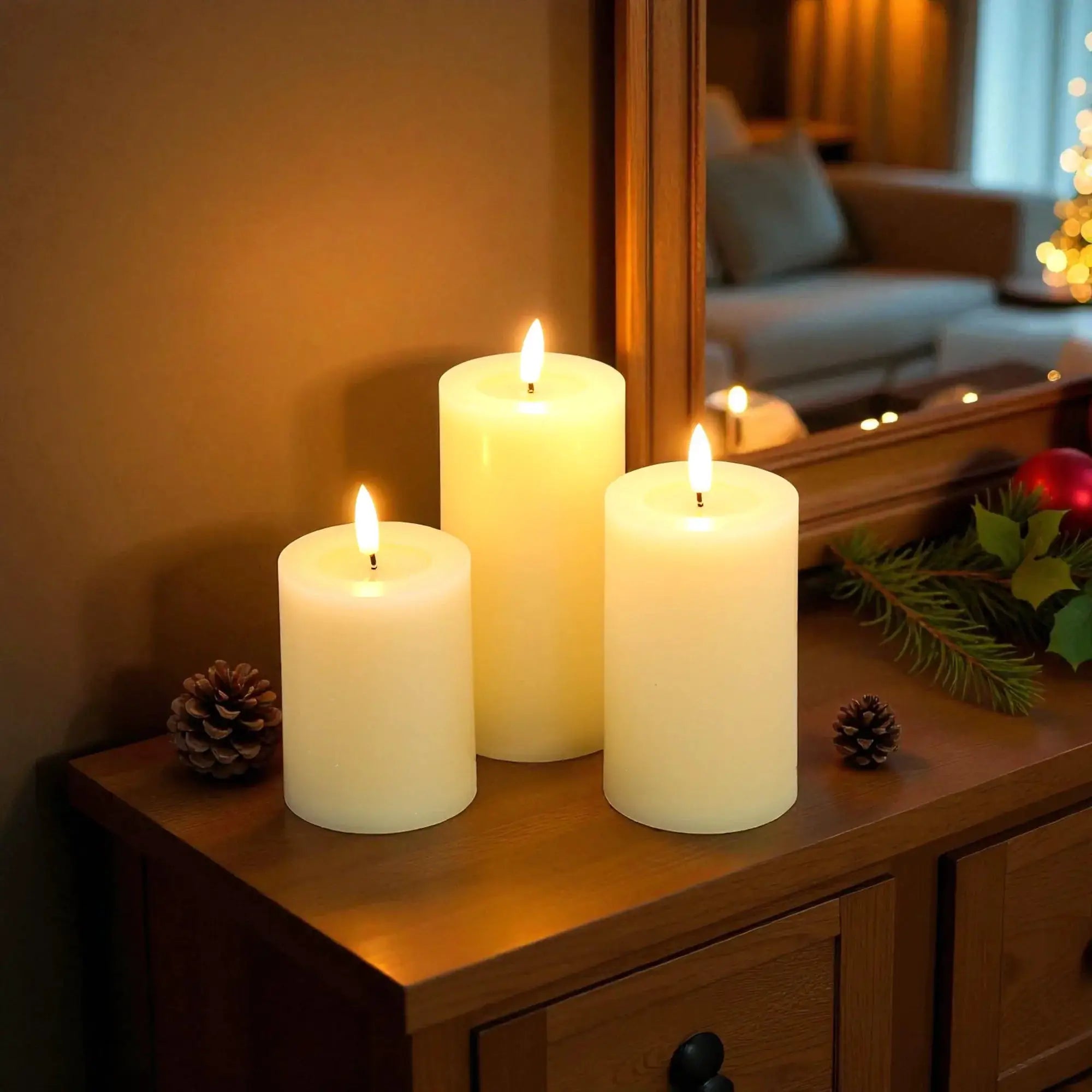 Set of 3 white LED flameless candles with flickering flames on a wooden console