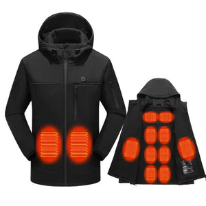 Jacket: LITEGUEST 10-Zone Softshell Heated USB Winter Jacket by SmartTherm OutdoorLiteGear Inc., black with 10 zones.