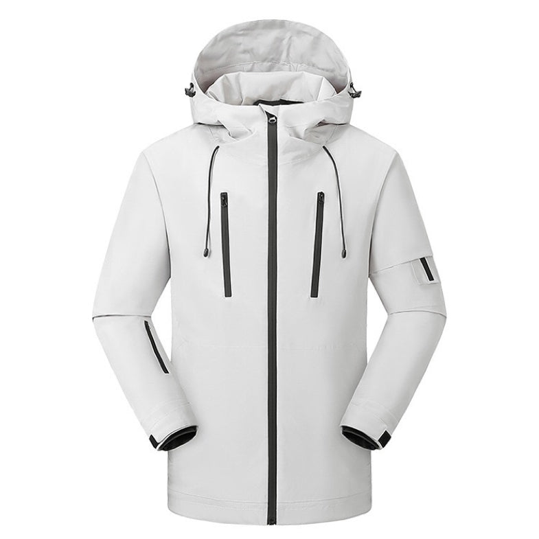 Heated ski waterproof jacket, white with black zippers and hood