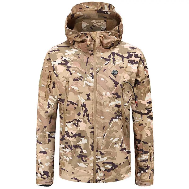 LITEGUEST 7-Zone Heated Camo Jacket, hooded USB-powered hunting parka in desert camouflage with multiple zip pockets.