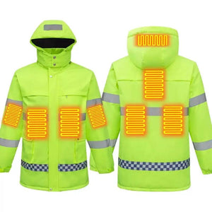 LITEGUEST USB heated reflective waterproof work jacket in neon yellow; 2 jackets shown, SmartTherm OutdoorLiteGear