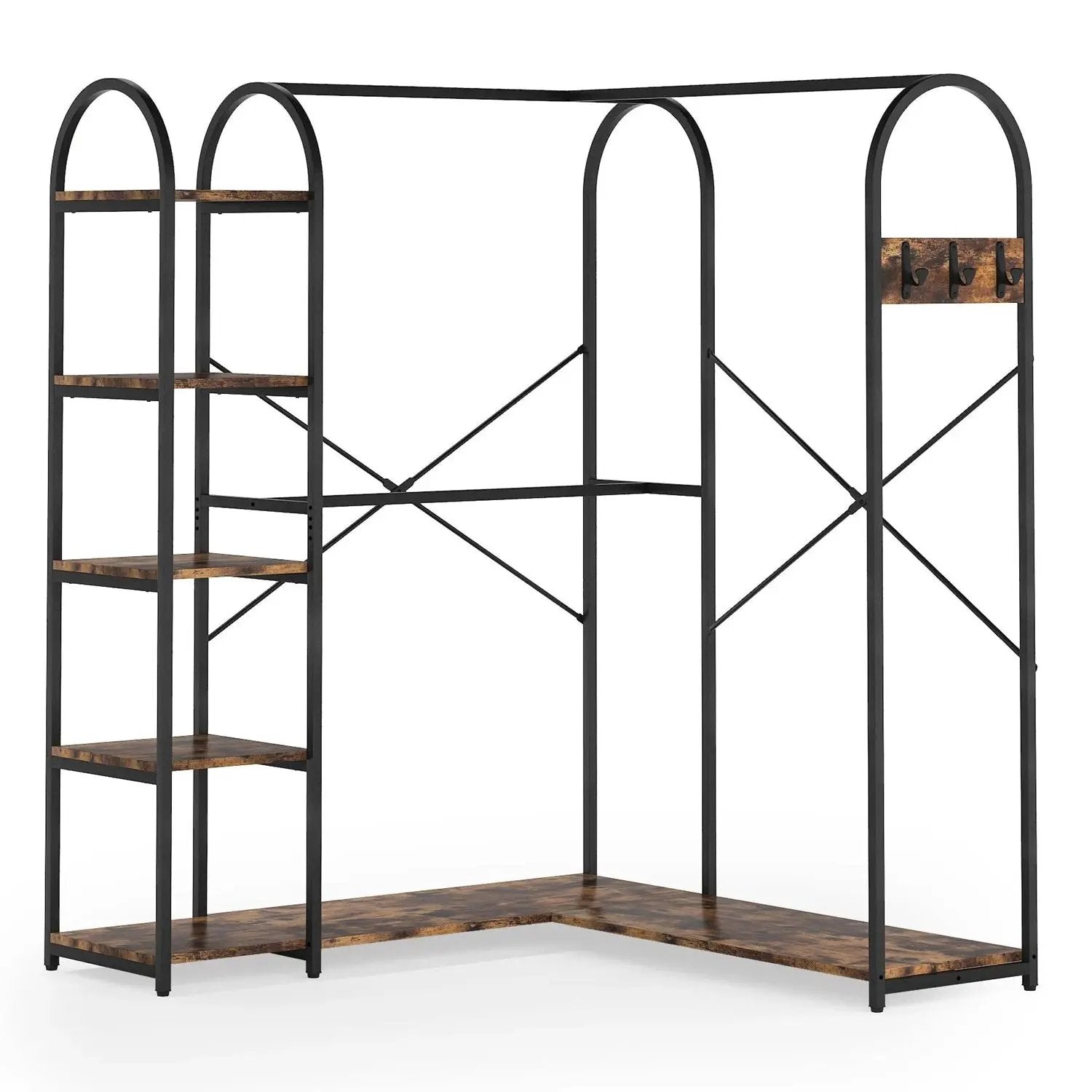 Corner L-shaped garment rack with black metal frame, brown wood shelves, and three hooks on the right panel.