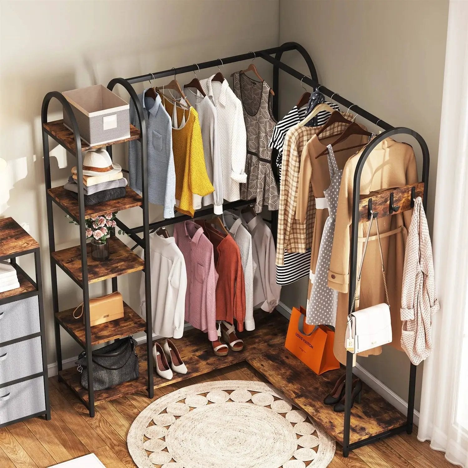 Corner L-shaped garment rack by HomePacific, black metal frame with wood shelves, clothing on hanging rods.