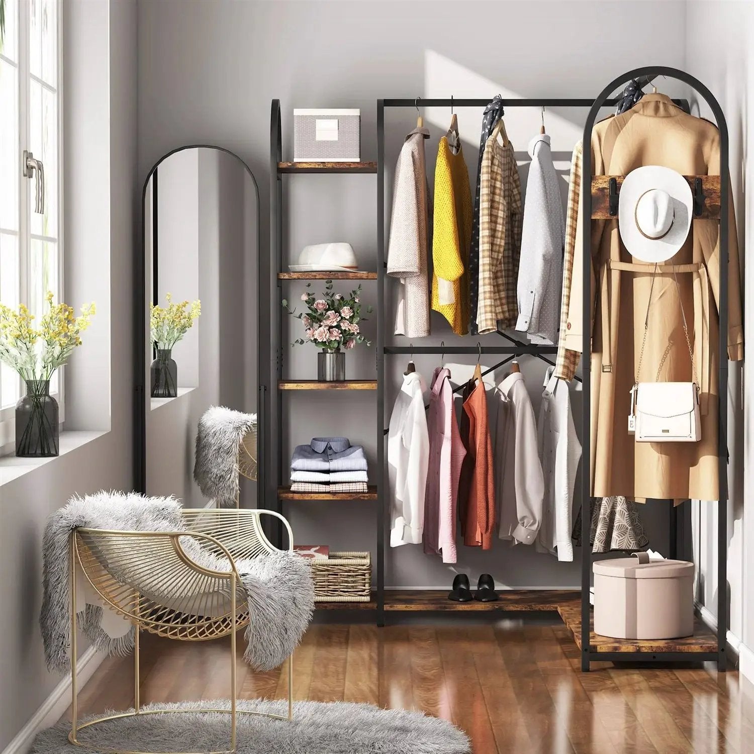 Corner L-Shaped Garment Rack with black metal frame, wood storage shelves, and hanging clothes