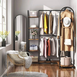 Corner L-Shaped Garment Rack with black metal frame, wood storage shelves, and hanging clothes