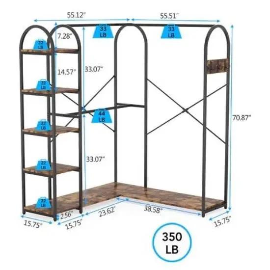 Corner L-shaped garment rack by HomePacific; black steel frame with wood shelves and hanging rods, 350 lb capacity.