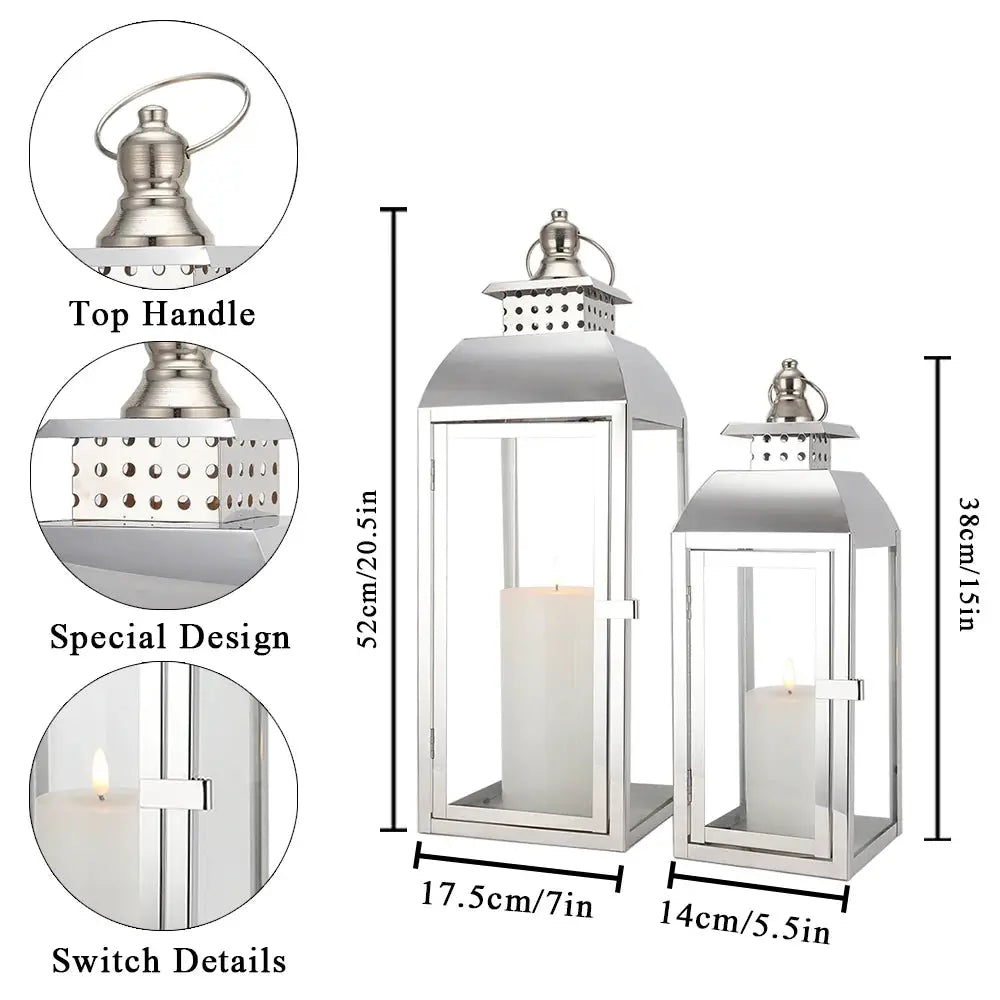Decorative candle lanterns, set of 2, stainless steel by JHY DESIGN; 20.5in and 15in tall with glass panels.