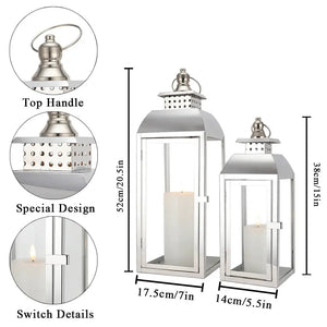 Decorative candle lanterns, set of 2, stainless steel by JHY DESIGN; 20.5in and 15in tall with glass panels.