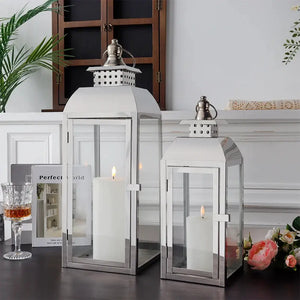 Decorative candle lanterns set of 2, stainless steel with glass, 20.5-inch and 15-inch high, by JHY DESIGN.