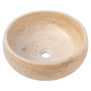 Travertine bathroom vessel sink, light beige round polished natural stone basin