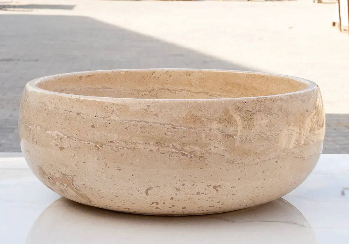 Travertine bathroom vessel sink, light beige polished natural stone