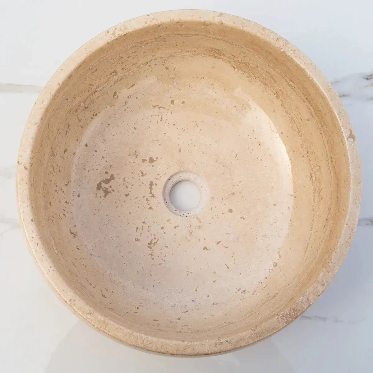 Light beige travertine natural stone bathroom vessel sink, above-counter, polished finish