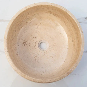 Light beige travertine natural stone bathroom vessel sink, above-counter, polished finish
