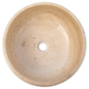 Light beige travertine bathroom vessel sink, polished natural stone, above-counter