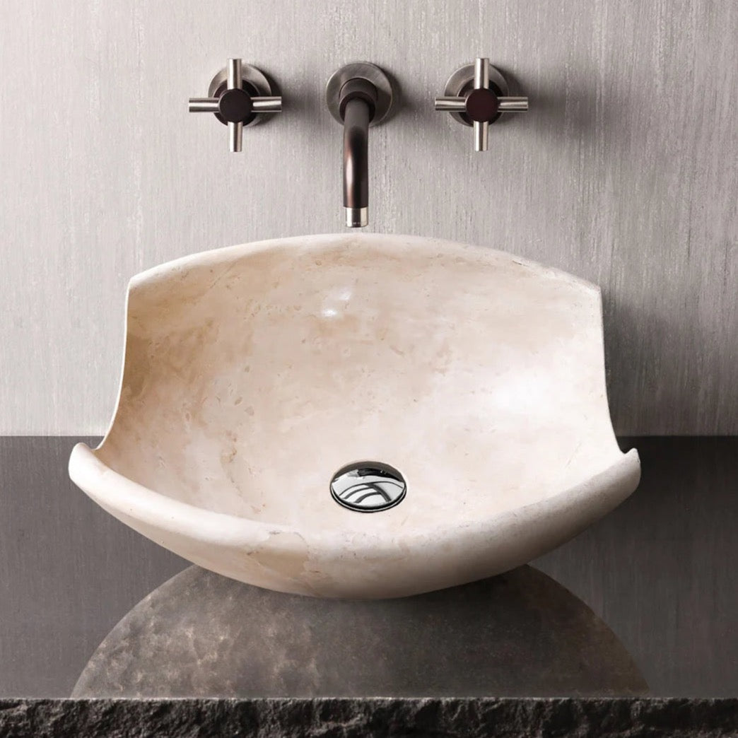 Stone sink by Villohome, light travertine, above-counter vanity vessel, honed finish