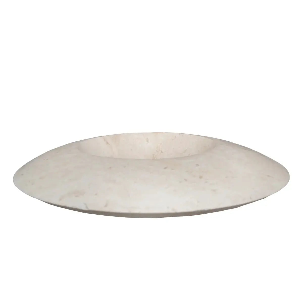 Stone sink by Villohome in light travertine, UFO-shaped, above-counter vanity, honed.