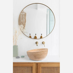 Villohome light beige travertine sloped bathroom vessel sink above vanity