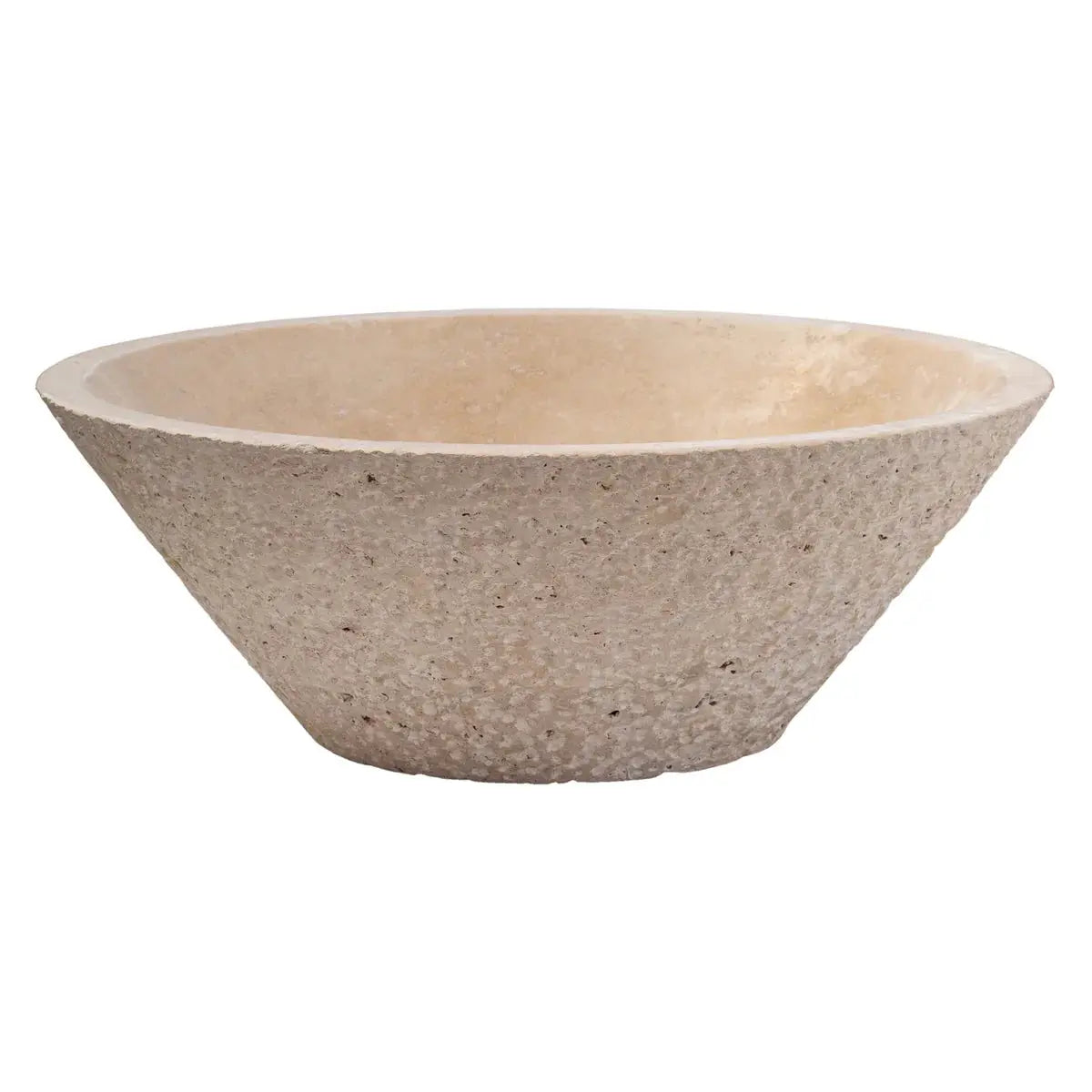 Travertine bathroom sink by Villohome, light beige, V-shaped tapered above-vanity design, 16in diameter.