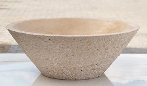 Travertine bathroom sink by Villohome, light beige, V-shape tapered above-vanity