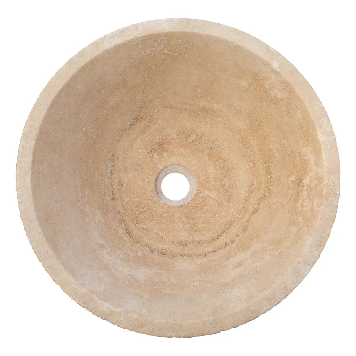 Light beige travertine round bathroom sink with center drain